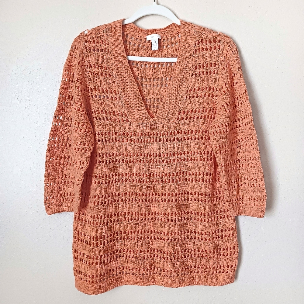 Chico's XL Linen Cotton Boho Open Knit Beachy V Neck Sweater Top Orange Coral